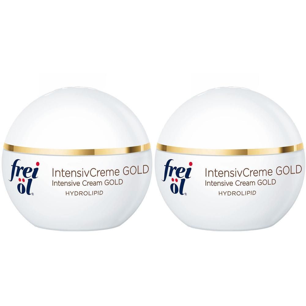 Zwei runde, weiße Tiegel mit goldfarbenem Deckel. Aufschrift: frei öl, IntensivCreme GOLD, HYDRO LIPID.