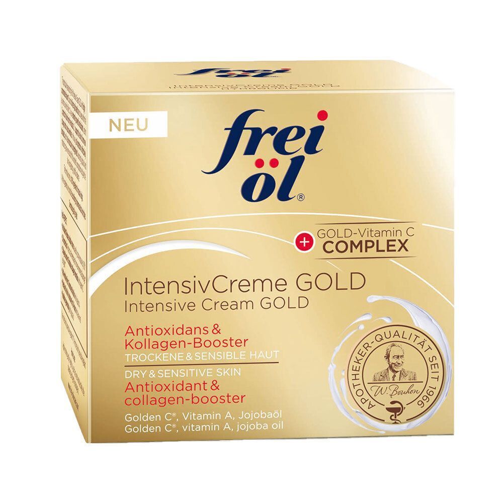 Goldfarbener Karton. Aufschrift: frei öl, IntensivCreme GOLD, Antioxidantien & Kollagen-Booster. Apotheker-Qualität.