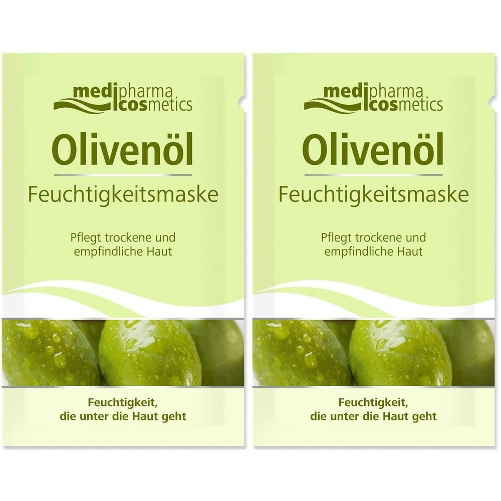 Zwei grüne Beutel mit Produktinformationen. Oben steht "medipharma cosmetics" und "Olivenöl Feuchtigkeitsmaske". Darunter Text für trockene Haut.