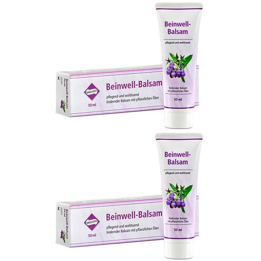 Zwei Tuben und zwei Schachteln Beinwell-Balsam. Aufschrift: Beinwell-Balsam, pflegend und wohltuend. Abbildung von Beeren.