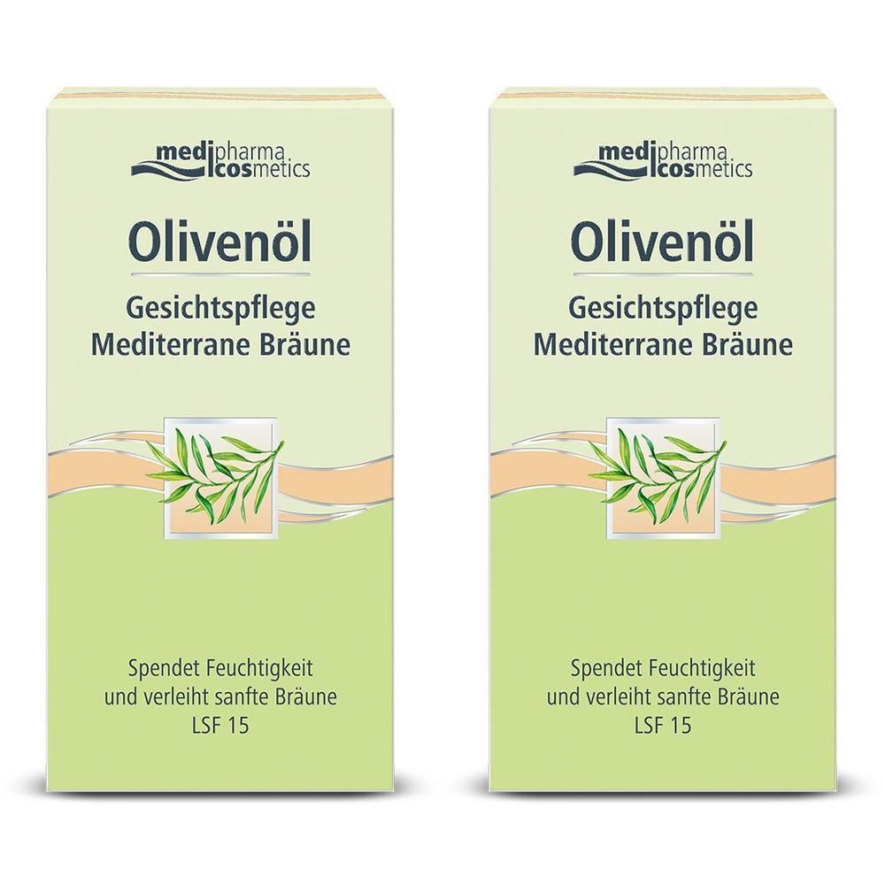 Zwei grüne Faltschachteln. Aufschrift: Olivenöl Gesichtspflege Mediterrane Bräune. Mit Logo und Zweig-Illustration. LSF 15.