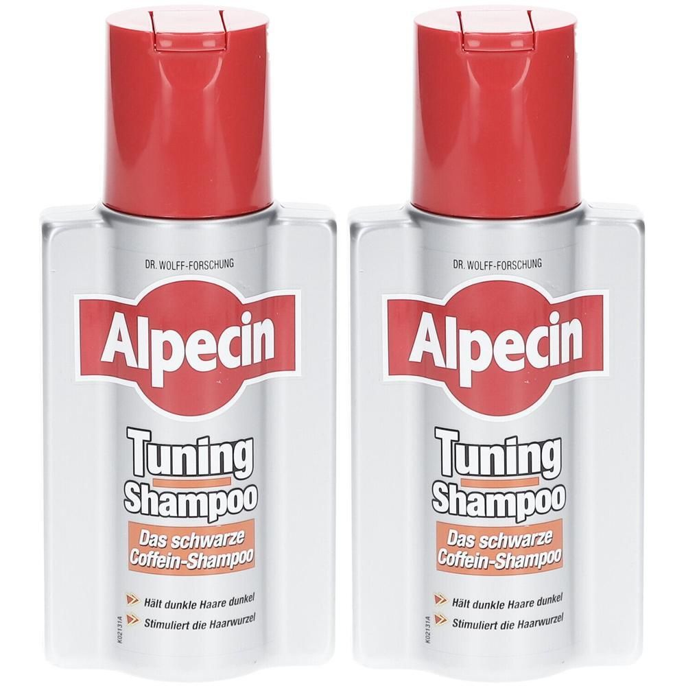 Zwei Flaschen Shampoo mit rotem Deckel. Aufschrift: Alpecin Tuning Shampoo. Enthält Coffein. Für dunkles Haar.