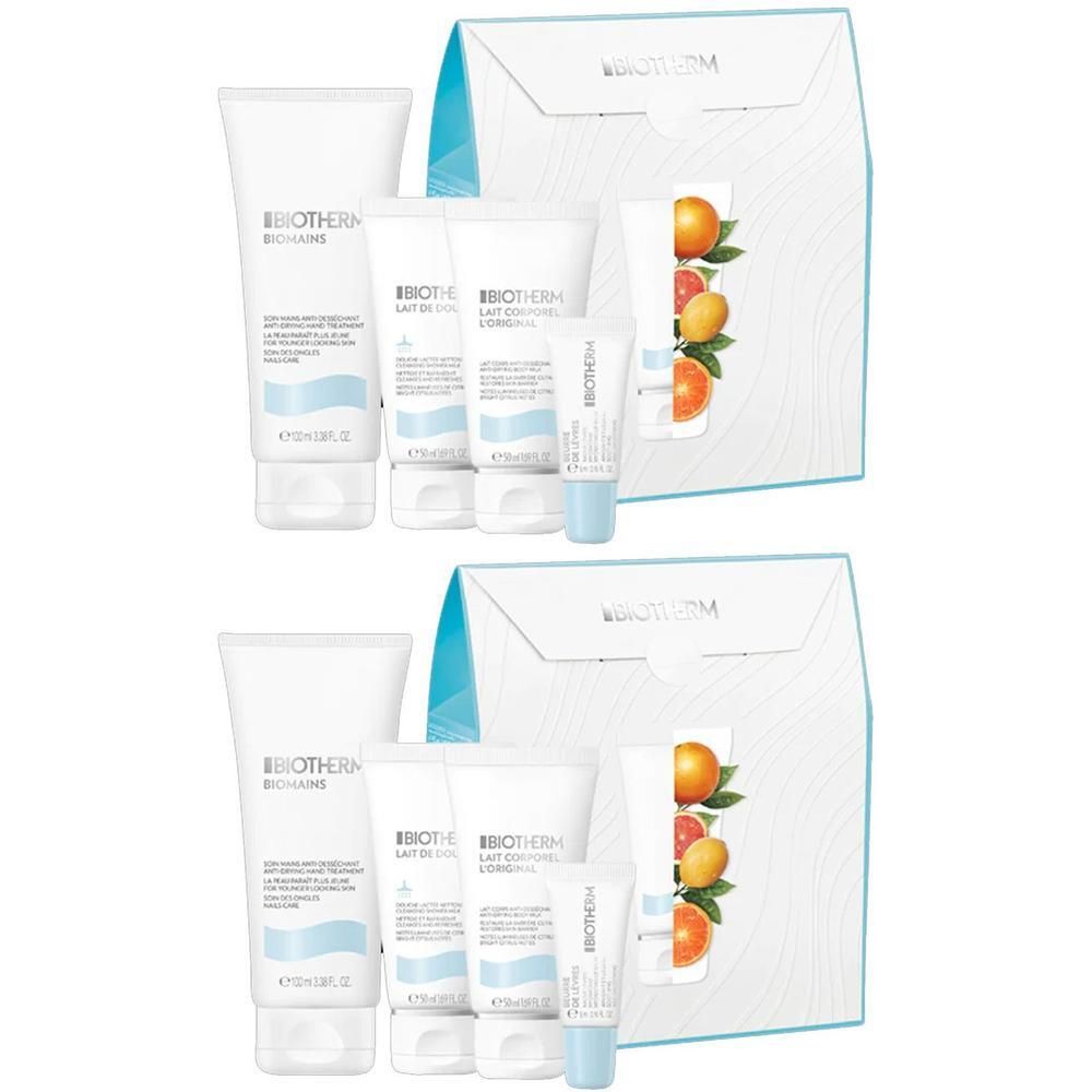 Zwei Geschenksets mit weißen Tuben und Beuteln. Auf den Tuben steht BIOTHERM. Auf den Beuteln sind Früchte abgebildet.