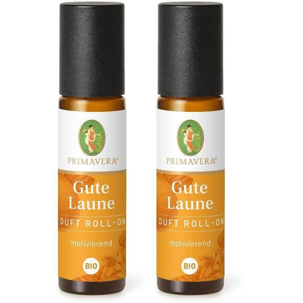 Zwei Roll-on-Flaschen mit schwarzem Deckel. Aufschrift: Gute Laune, Duft Roll-on, BIO. Marke: PRIMAVERA.