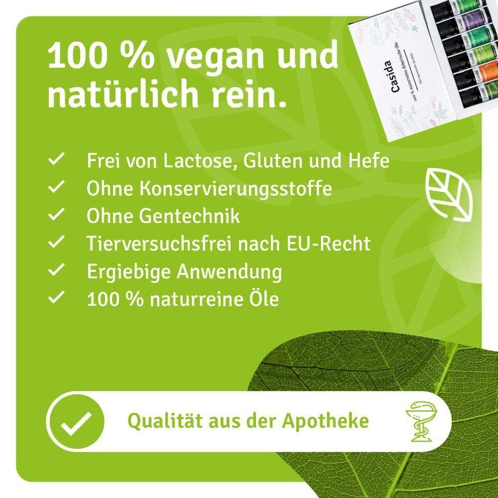 Produkt-Set Casida® ätherische Öle. Logos: Frei von Laktose, Gluten, Hefe, Konservierungsstoffen, Gentechnik, Tierversuchsfrei, 100 % naturrein.