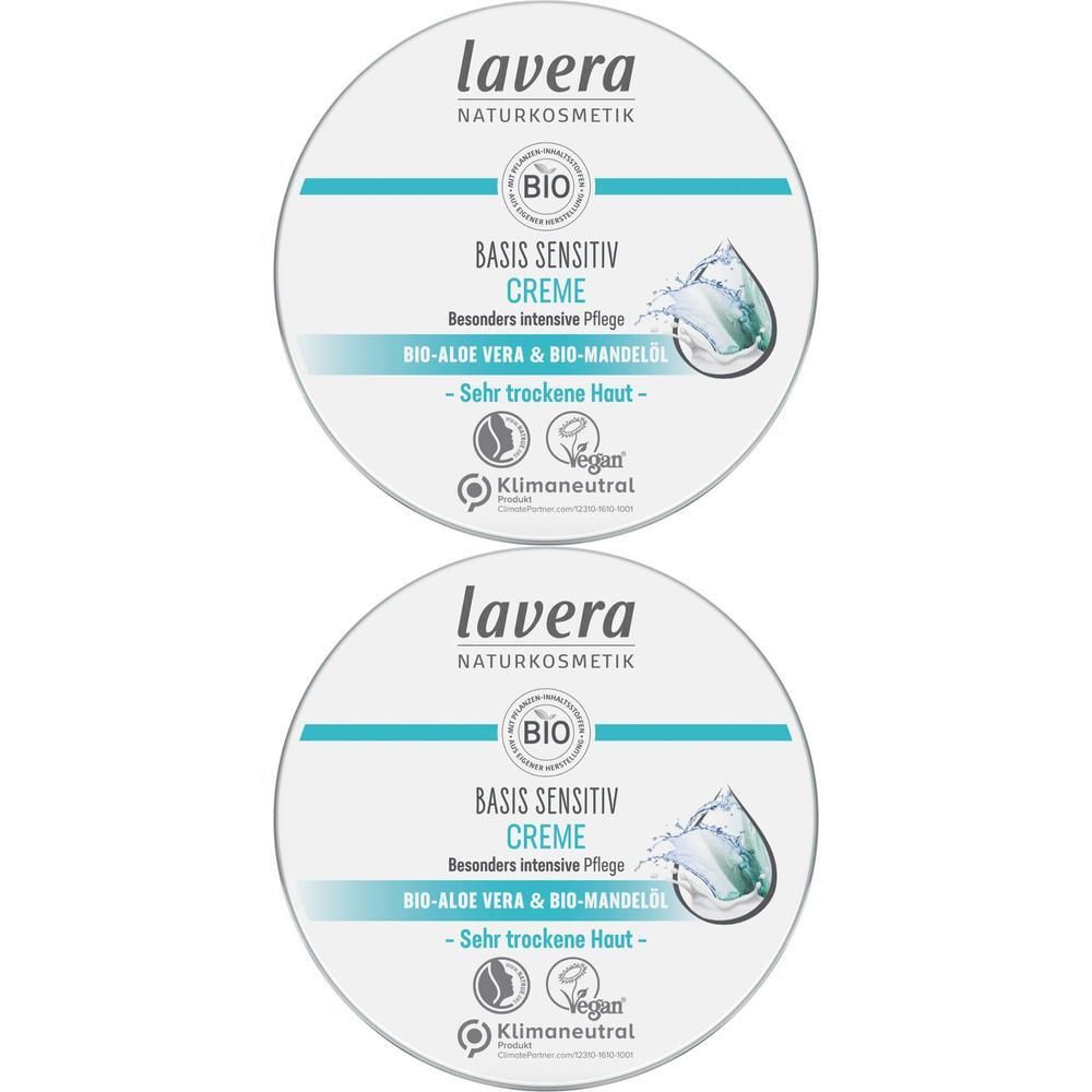 Zwei runde Tiegel. Aufschrift: lavera, BIO, BASIS SENSITIV CREME, Bio-Aloe Vera & Bio-Mandelöl. Vegan-Siegel.