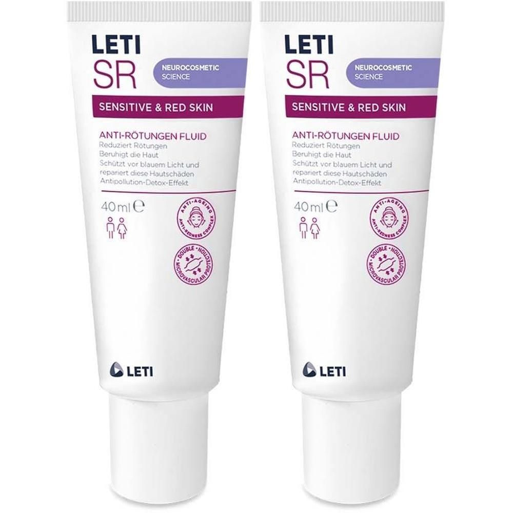 Zwei Tuben LETI SR Anti-Rötungen Fluid. Weiße Tuben mit lila Akzenten. Enthält 40ml. Logo und Produktinformationen.