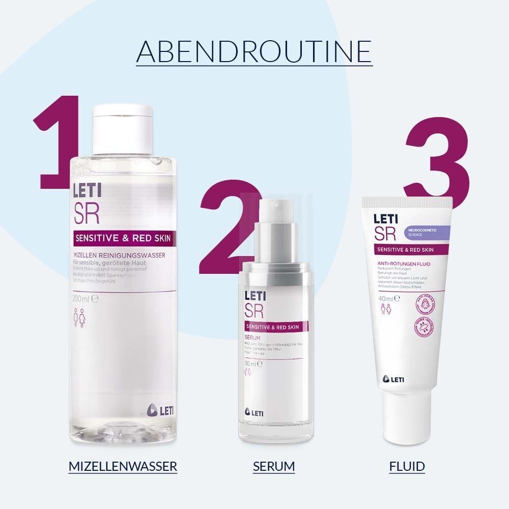 Abendroutine mit drei Produkten: Mizellenwasser, Serum und Fluid. Produkte sind in transparenten Flaschen und Tuben.