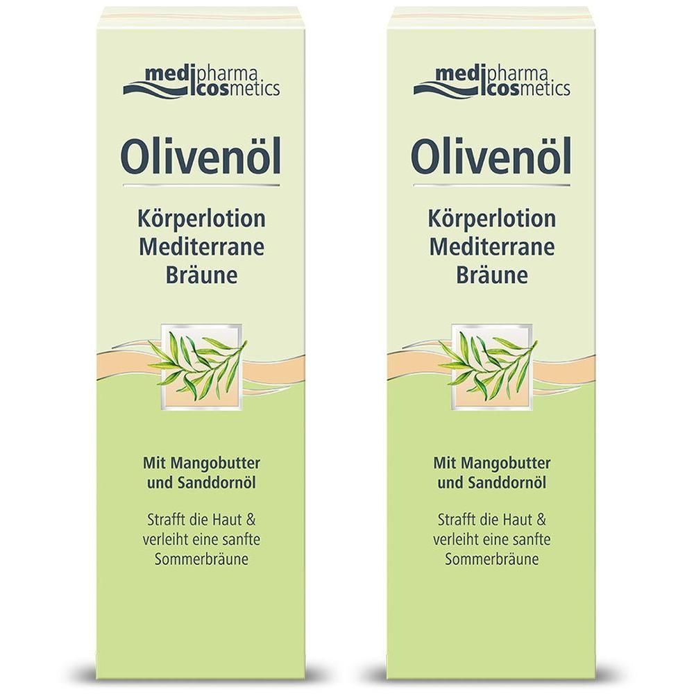 Zwei grüne Faltschachteln mit Olivenöl-Körperlotion. Aufschrift: Mediterrane Bräune. Mit Mangobutter und Sanddornöl.