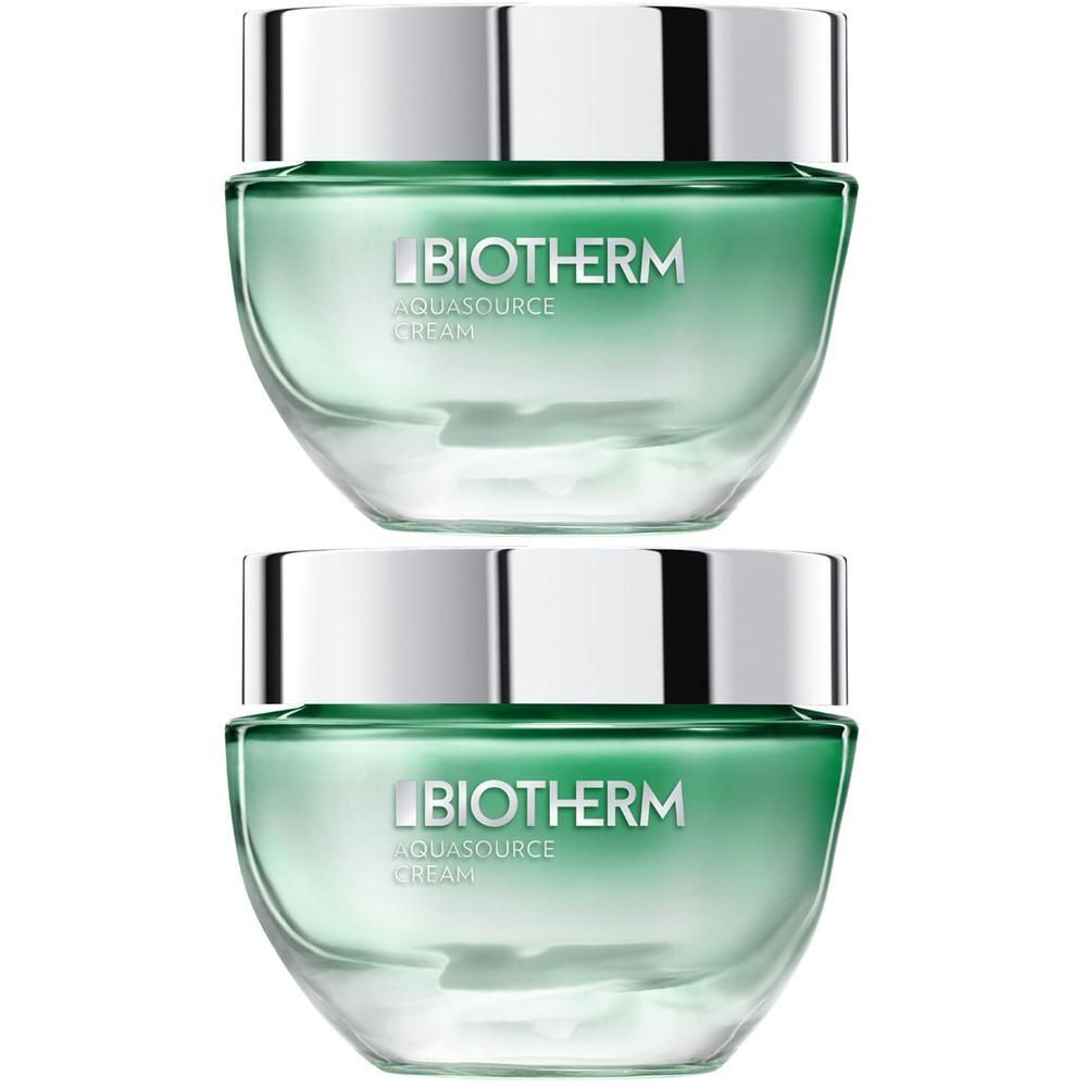 Zwei Tiegel BIOTHERM Aquasource Creme für normale Haut. Glasbehälter mit silbernem Deckel und grüner Creme.