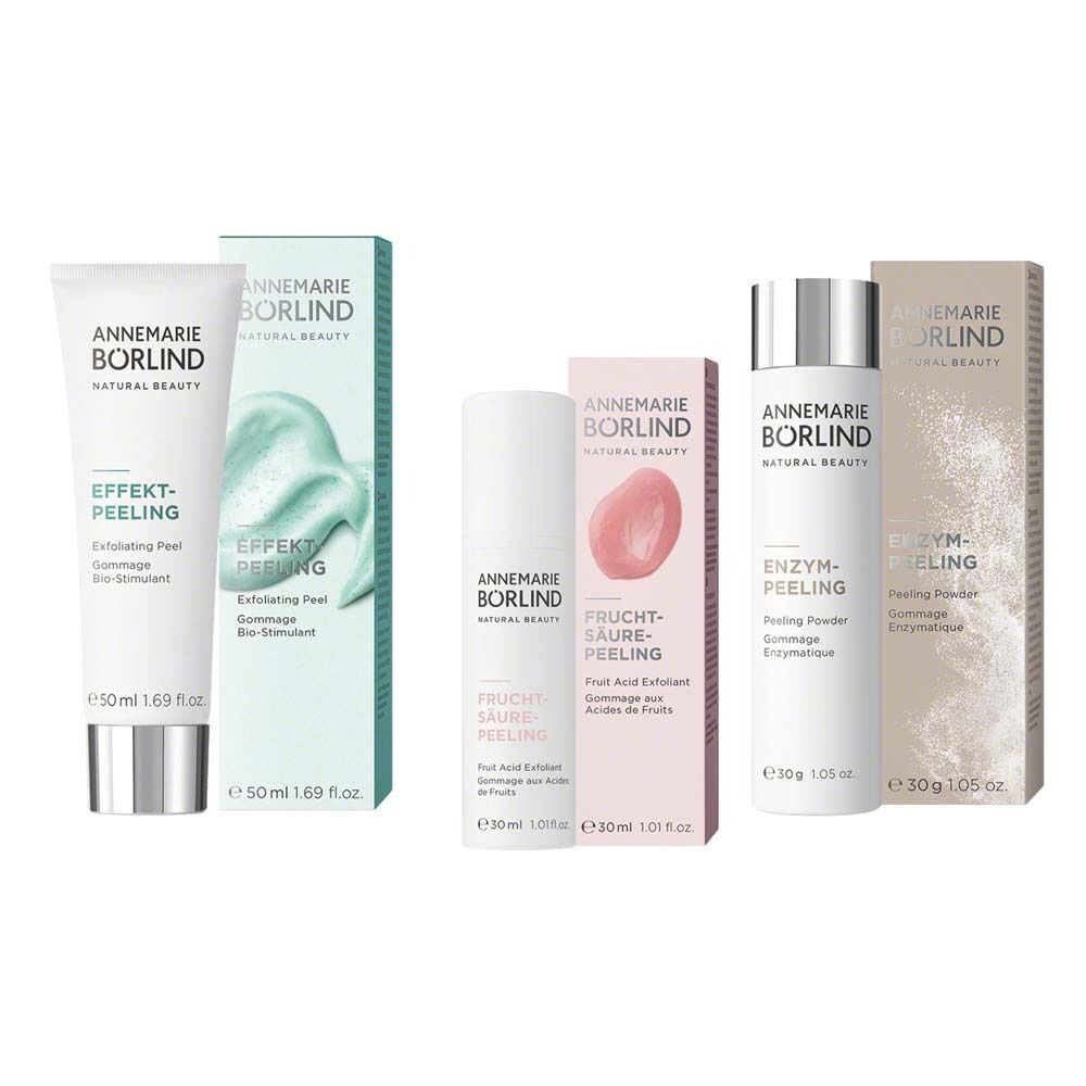 Drei ANNEMARIE BÖRLIND Produkte mit Verpackungen: Effek-Peeling, Frucht-Säure-Peeling, Enzym-Peeling.