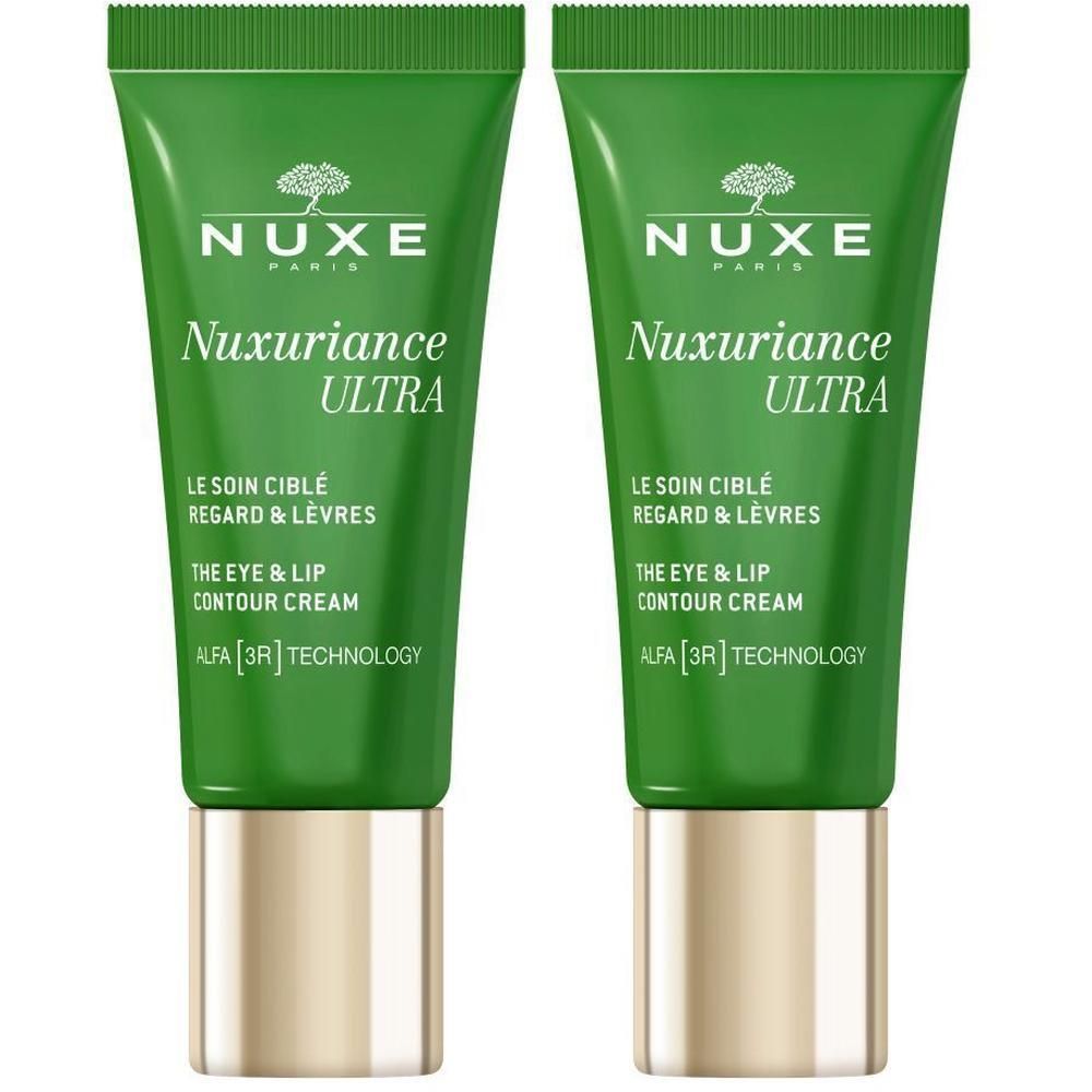 Zwei grüne Tuben mit goldfarbenen Verschlüssen. Aufschrift: NUXE, Nuxuriance ULTRA, Augen- & Lippenkonturenpflege.