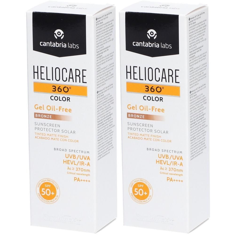 Zwei weiße Kartons mit Produktinformationen. Aufschrift: HELIOCARE 360° Color Gel Oil-Free Bronze, Sonnenschutz, SPF 50+.