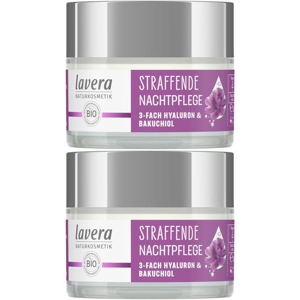 Zwei Tiegel Nachtpflege mit Deckel. Aufschrift: Lavera, BIO, STRAFFENDE NACHTPFLEGE, 3-fach Hyaluron & Bakuchiol.
