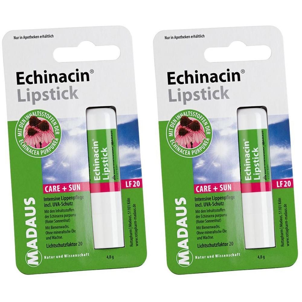 Zwei Lippenpflegestifte in Blisterverpackung. Aufschrift: Echinacin Lipstick Care+Sun, LF20. Marke: Madaus. Enthält Inhaltsstoffe der Echinacea purpurea.