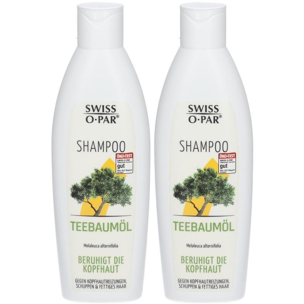 Zwei weiße Shampoo-Flaschen. Aufschrift: Swiss O-Par Shampoo, Teebaumöl. Mit Öko-Test Siegel. Beruhigt die Kopfhaut.