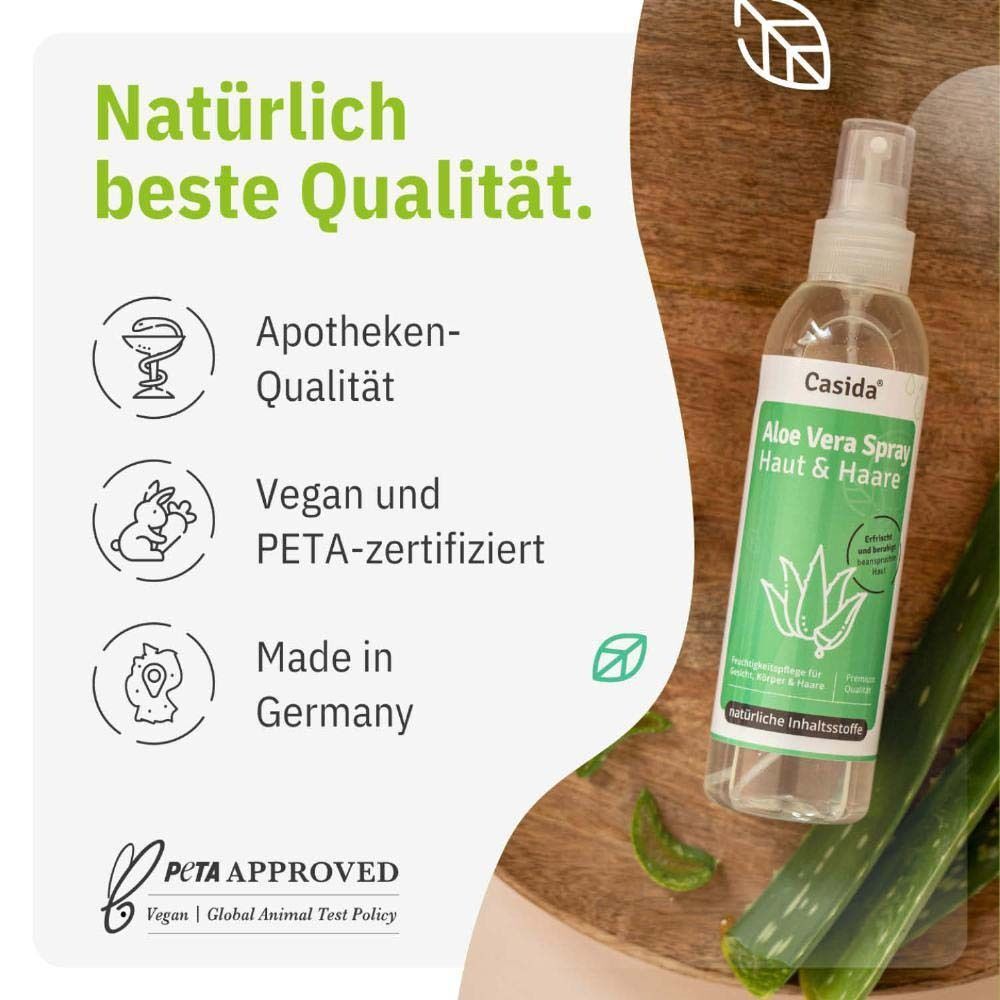 ALOE VERA SPRAY Haut & Haare Flasche. Text: Natürlich beste Qualität. Apotheken-Qualität, vegan und PETA-zertifiziert, Made in Germany.