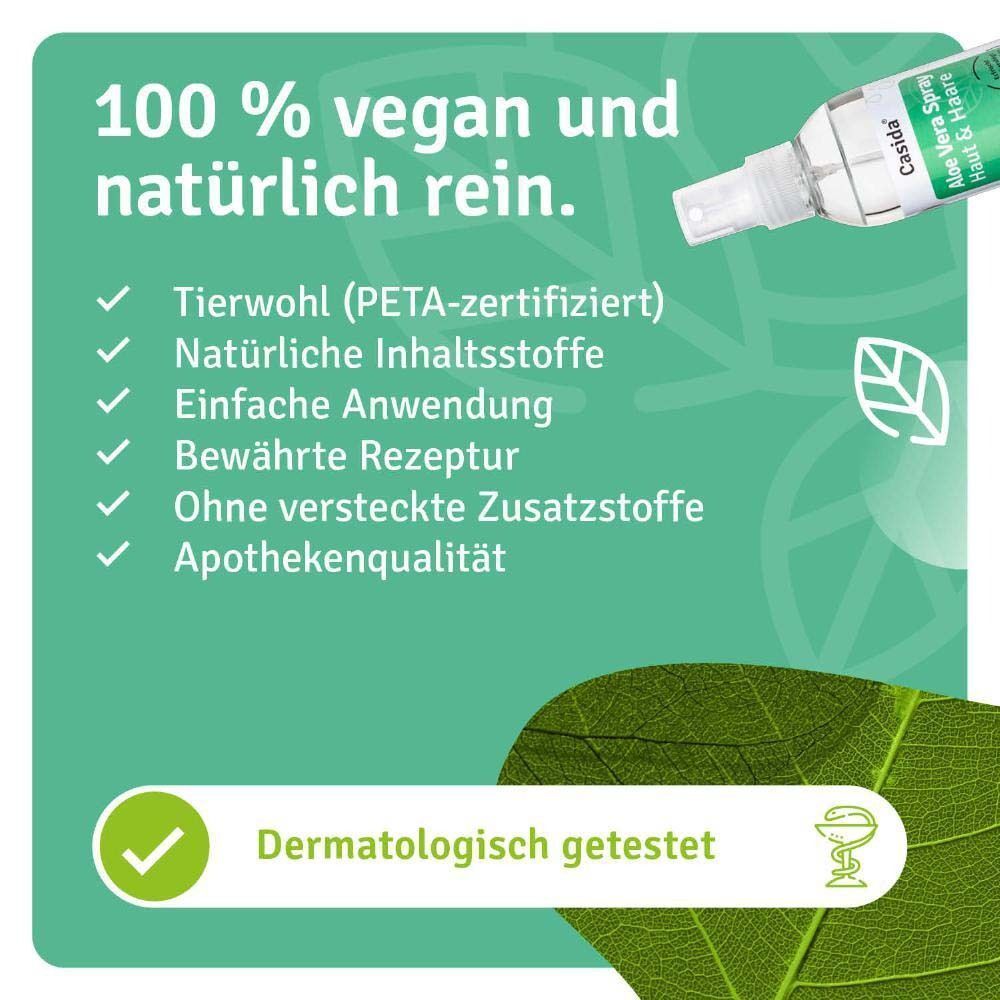 ALOE VERA SPRAY Haut & Haare Flasche. Text: 100 % vegan und natürlich rein. Tierwohl (PETA-zertifiziert), natürliche Inhaltsstoffe, einfache Anwendung.
