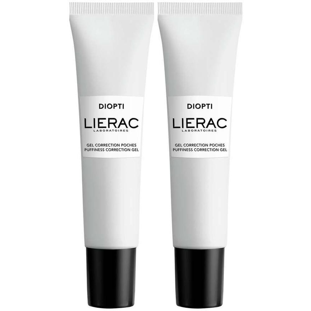 Zwei Tuben Augengel. Weiß mit schwarzem Verschluss. Aufschrift: DIOPTI, LIERAC, GEL CORRECTION POCHES, PUFFINESS CORRECTION GEL.