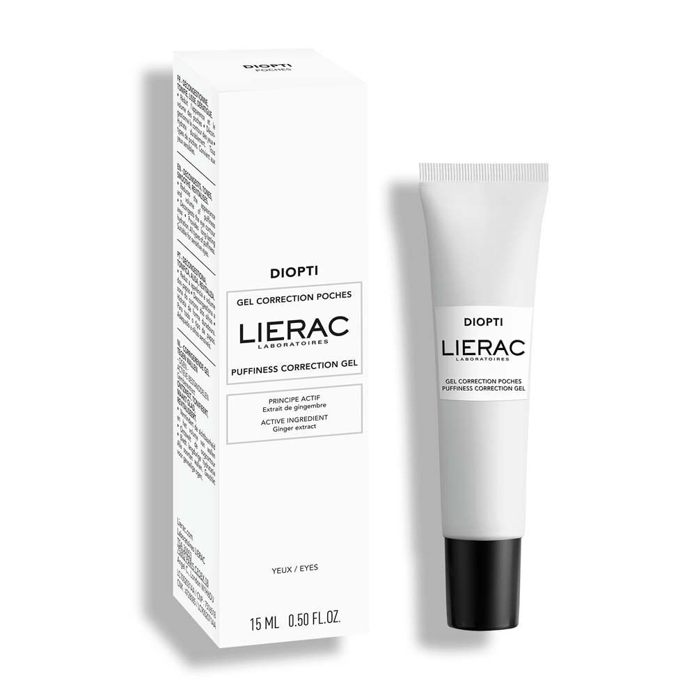 Tube Augengel und Verpackung. Weiß mit Aufschrift: DIOPTI, LIERAC, GEL CORRECTION POCHES, PUFFINESS CORRECTION GEL. 15 ml.