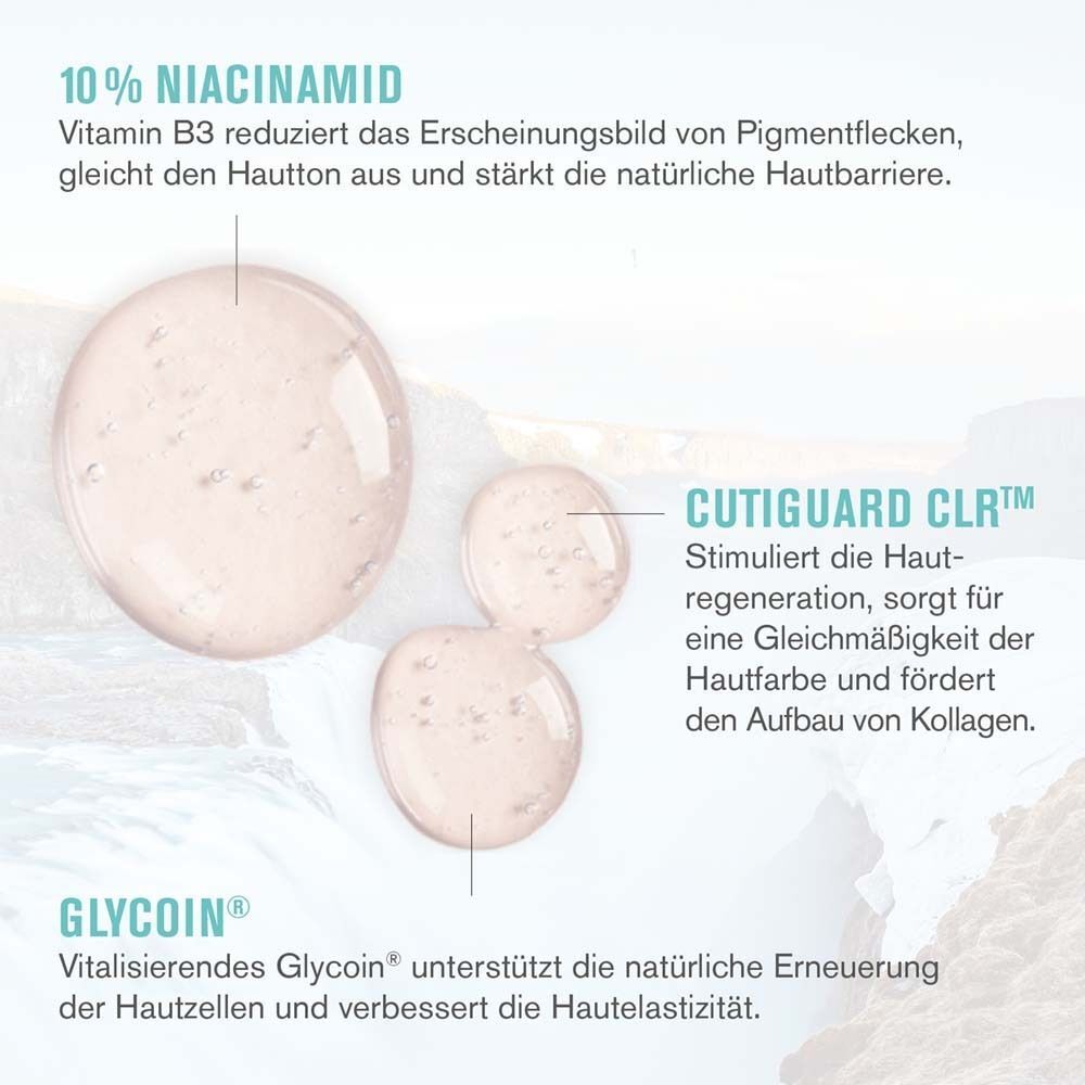 Nahaufnahme von Inhaltsstoffen. 10% Niacinamid, CutiGuard CLR™ und Glycoin. Flüssigkeiten in Tropfenform.