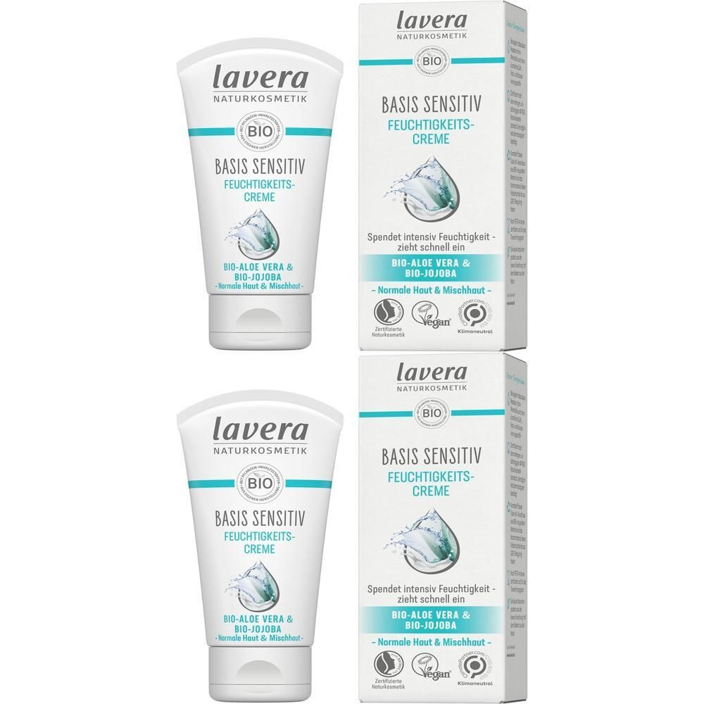 Zwei Tuben und zwei Kartons. Auf den Tuben und Kartons steht "lavera BASIS SENSITIV FEUCHTIGKEITS-CREME".