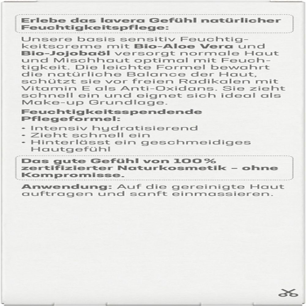 Text auf weißem Hintergrund. Beschreibt die Feuchtigkeitspflege mit Bio-Aloe Vera und Jojobaöl. Enthält Informationen zur Anwendung.