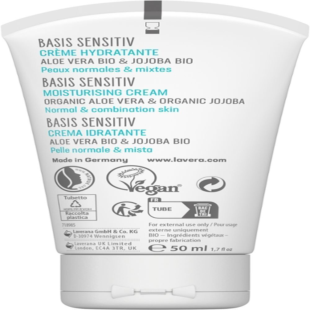 Rückseite der Tube. Enthält Informationen zu Inhaltsstoffen, Hersteller, Vegan-Siegel und Recycling-Symbolen. 50 ml.