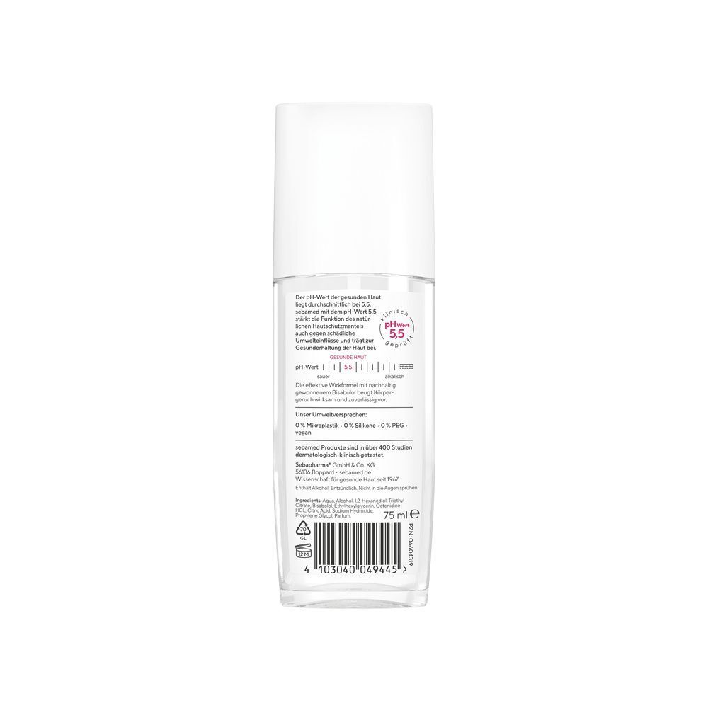 Sebamed Deo-Spray-Flasche, Rückseite. Transparente Flasche mit weißem Sprühkopf. Text und Informationen auf Etikett.
