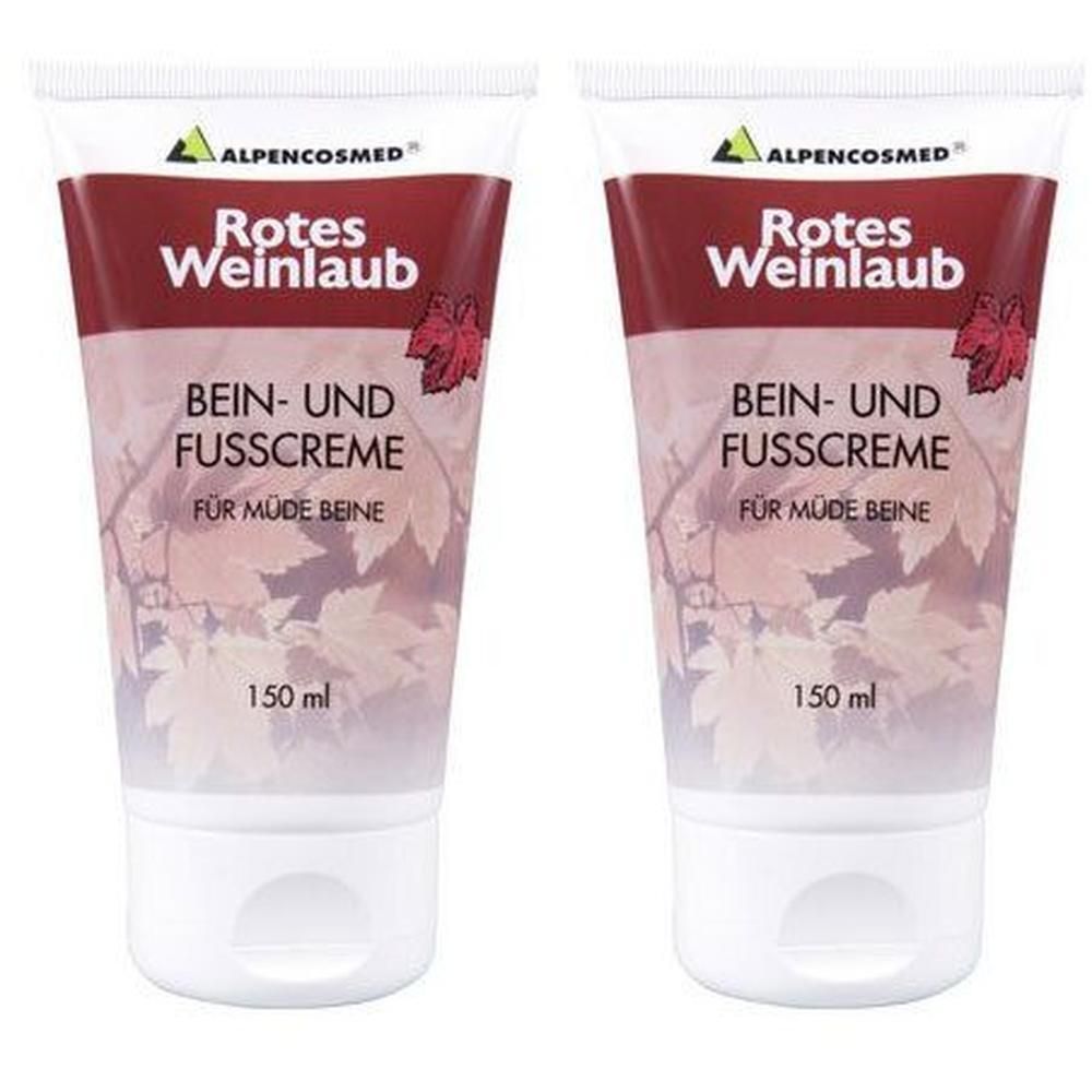 Zwei Tuben Bein- und Fußcreme. Aufschrift: Rotes Weinlaub, Bein- und Fußcreme, für müde Beine. 150 ml.