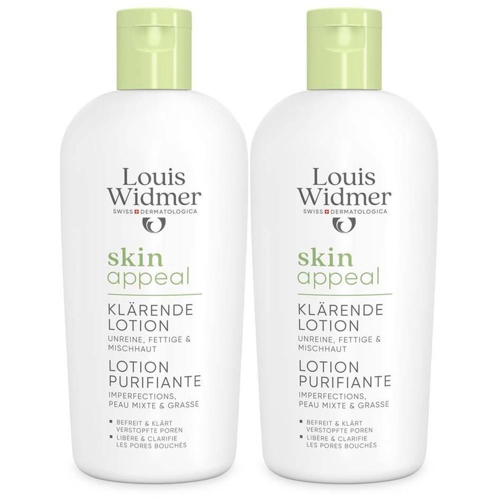 Zwei weiße Flaschen mit grünen Deckeln. Aufschrift: Skin Appeal, klärende Lotion. Marke: Louis Widmer.