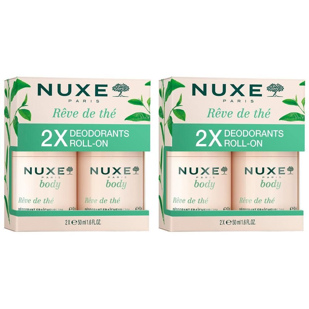 Zwei Geschenkboxen mit NUXE Deodorant. Jede Box enthält zwei Roll-on Deodorants. Aufschrift: NUXE, Rêve de thé.