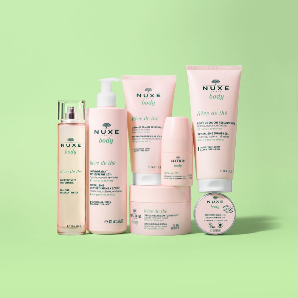 Eine Auswahl an NUXE Body Produkten. Enthalten sind: Duschgel, Körperlotion, Deodorant, Creme, Eau fraîche.