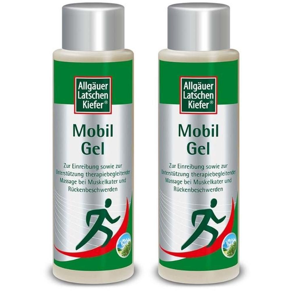 Zwei Flaschen Mobil Gel. Grüne und silberne Etiketten mit Logo und Produktbezeichnung. Abbildung eines Läufers.