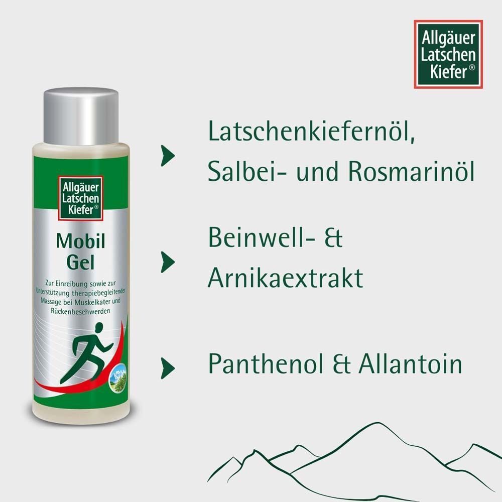 Flasche Mobil Gel. Grüne und silberne Etiketten. Text: Latschenkiefernöl, Salbei- und Rosmarinöl, Beinwell- & Arnikaextrakt, Panthenol & Allantoin.