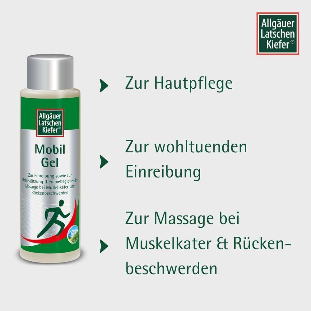 Flasche Mobil Gel. Grüne und silberne Etiketten. Text: Zur Hautpflege, zur wohltuenden Einreibung, zur Massage bei Muskelkater & Rückenbeschwerden.