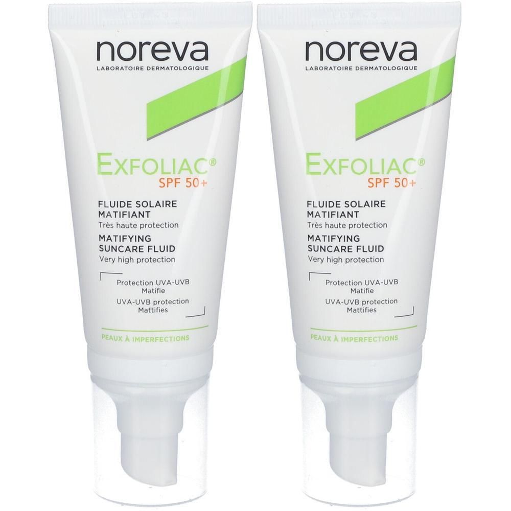 Zwei Tuben Sonnenschutzmittel. Aufschrift: noreva EXFOLIAC SPF 50+. Mattierendes Fluid. Hoher Schutz. Weiße Tube mit grünem Akzent.