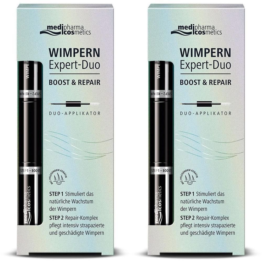 Zwei Packungen medipharma cosmetics Wimpern Expert-Duo. Weiß-graue Verpackung mit Produktabbildung und Text. Enthält zwei Applikatoren.