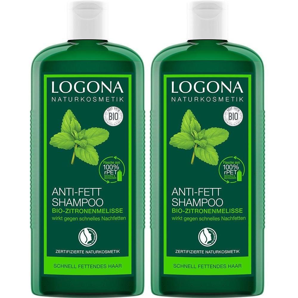 Zwei grüne Shampoo-Flaschen mit weißem Deckel. Aufschrift: ANTI-FETT SHAMPOO, Bio-Zitronenmelisse. Logo: LOGONA Naturkosmetik. Mit Bio-Siegel.