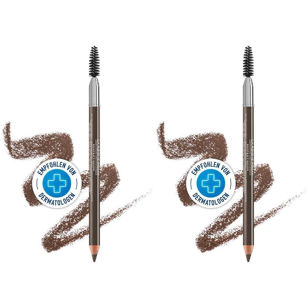 Zwei Augenbrauenstifte mit Bürste. Auf braunem Hintergrund mit Logo "Empfohlen von Dermatologen".