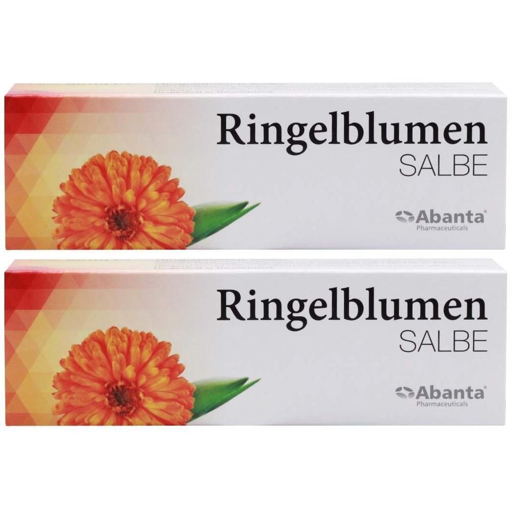 Zwei Schachteln Ringelblumensalbe. Aufdruck: Ringelblumen Salbe, Abanta. Bild einer Ringelblume.