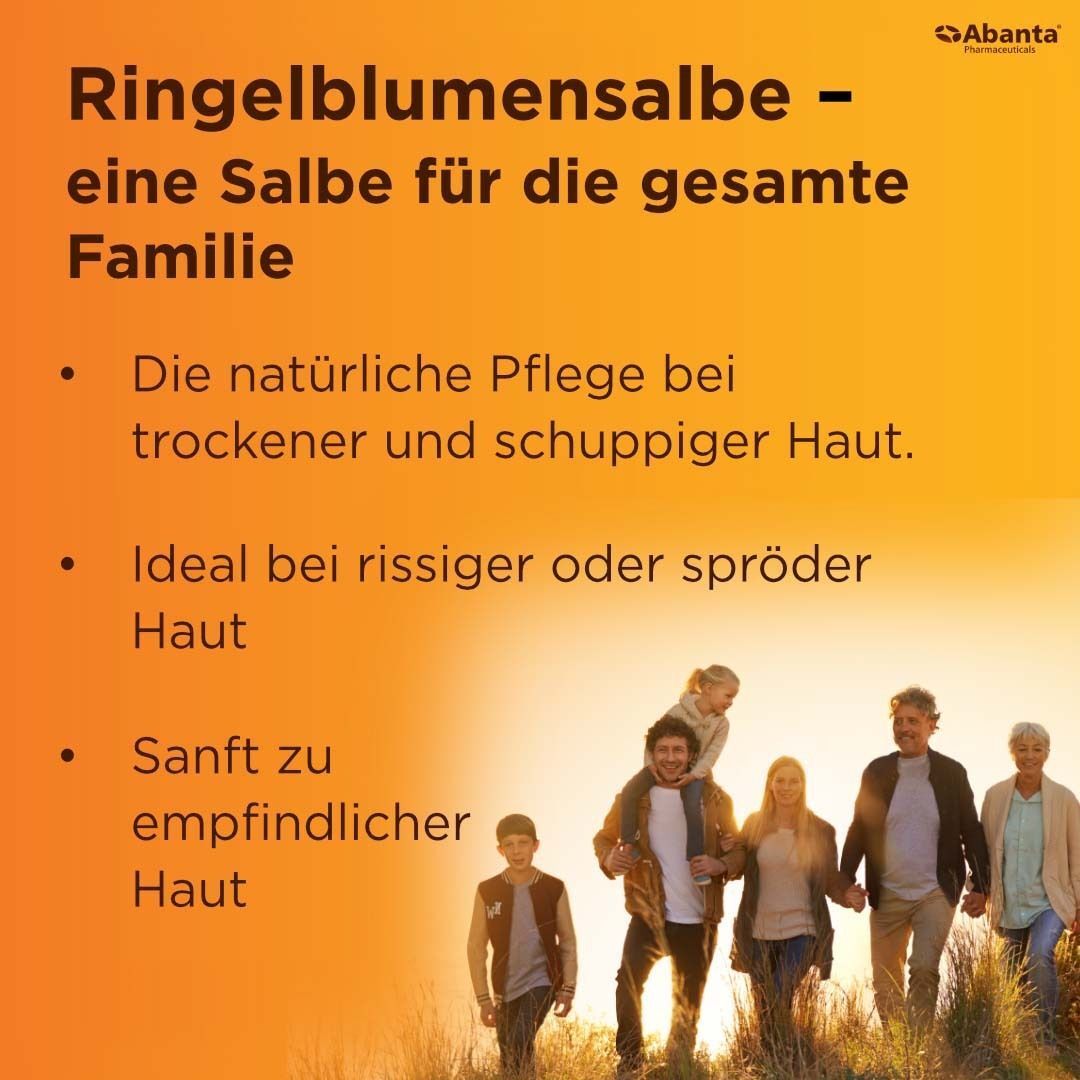 Text auf orangefarbenem Hintergrund: Ringelblumensalbe - eine Salbe für die gesamte Familie. Familie im Hintergrund.
