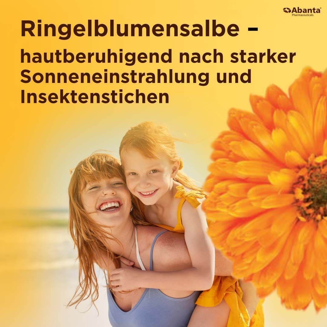 Text auf orangefarbenem Hintergrund: Ringelblumensalbe - hautberuhigend nach starker Sonneneinstrahlung und Insektenstichen. Kinder im Hintergrund.