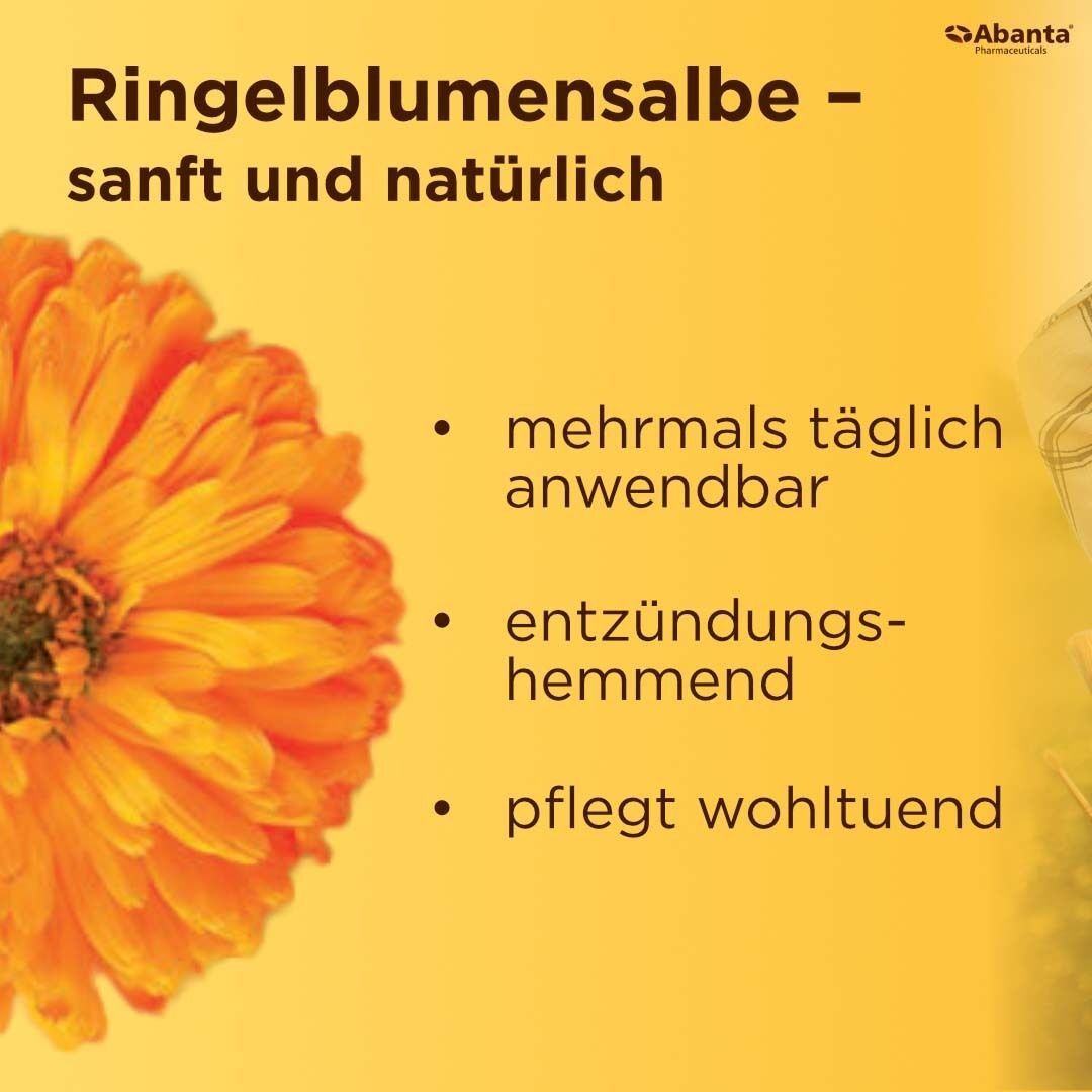 Text auf orangefarbenem Hintergrund: Ringelblumensalbe - sanft und natürlich. Text mit Aufzählungszeichen.
