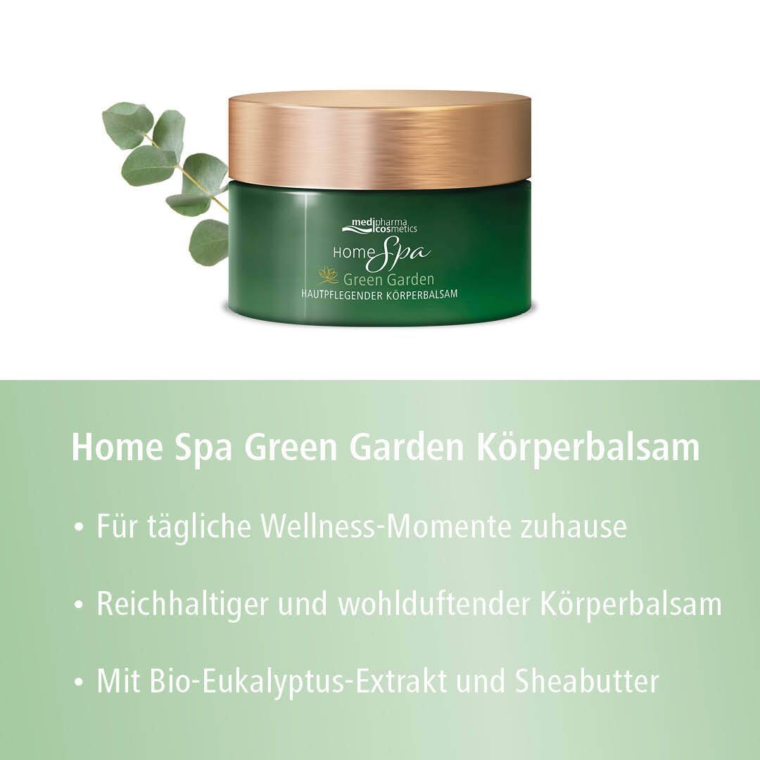Grüner Tiegel mit goldfarbenem Deckel. Aufschrift: Home Spa Green Garden Körperbalsam. Marke: medipharma cosmetics. Text: Für tägliche Wellness-Momente zuhause.