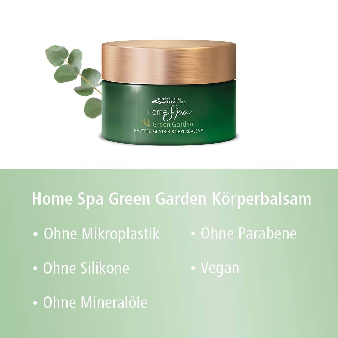 Grüner Tiegel mit goldfarbenem Deckel. Aufschrift: Home Spa Green Garden Körperbalsam. Marke: medipharma cosmetics. Text: Ohne Mikroplastik, Parabene, Silikone, Mineralöle.