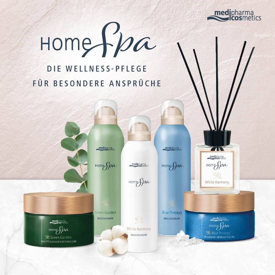 Verschiedene Home Spa Produkte. Grüner Tiegel: Home Spa Green Garden. Blaue Produkte: Blue Therapy. Weißes Produkt: White Harmony. Marke: medipharma cosmetics.