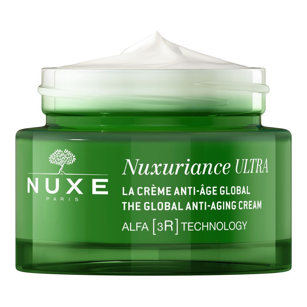 Grüner Tiegel NUXE Nuxuriance® ULTRA Tagescreme. Weißer Deckel, grüne Glasbehälter. Text: NUXE, Nuxuriance ULTRA, La Crème Anti-Âge Global. Creme auf dem Deckel.