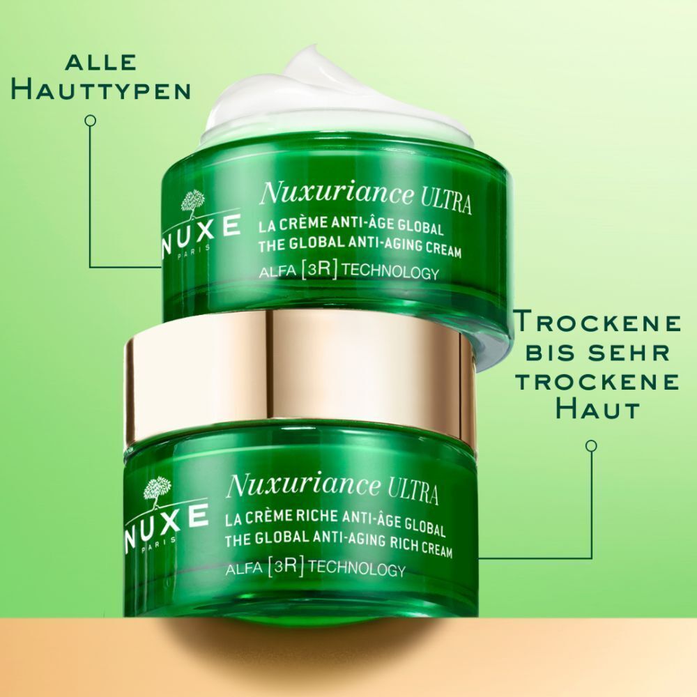 Zwei grüne Tiegel NUXE Nuxuriance® ULTRA Tagescreme. Text: NUXE, Nuxuriance ULTRA, La Crème Anti-Âge Global. Text: Für alle Hauttypen, trockene bis sehr trockene Haut.