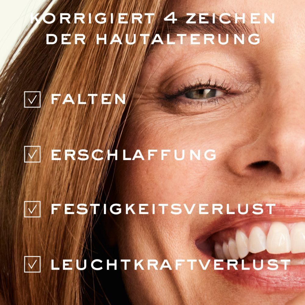 Nahaufnahme einer Frau. Text: Korrigiert 4 Zeichen der Hautalterung. Falten, Erschlaffung, Festigkeitsverlust, Leuchtkraftverlust.
